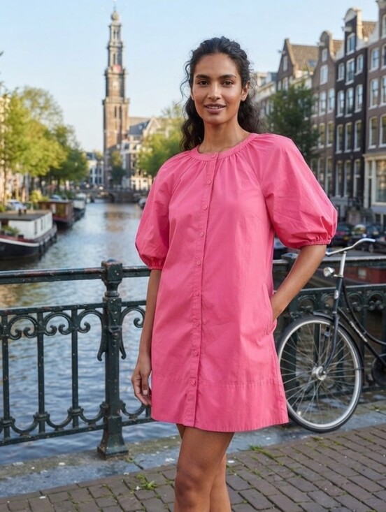 STAUD Dresses & Skirts - STAUD Hot Pink Dress with Puff Sleeve Detail M